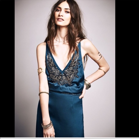 NWT Free People & Candela Satin Jeweled Maxi Gown Size 6 - Picture 3 of 12